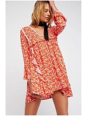 Free People Women’s Sz M Orange Floral Mini Dress Tunic Ruffle Like You Best